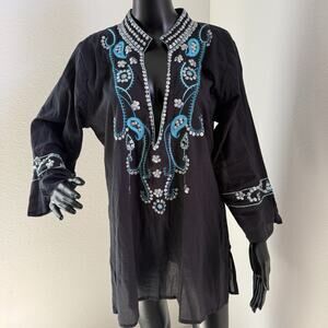 Karen T Designs Top Sz XL Tunic With Embroidery And Sequins Boho Turquoise